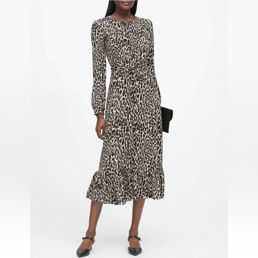 Banana Republic Leopard Button Down Belted MIDI Dress Size 0